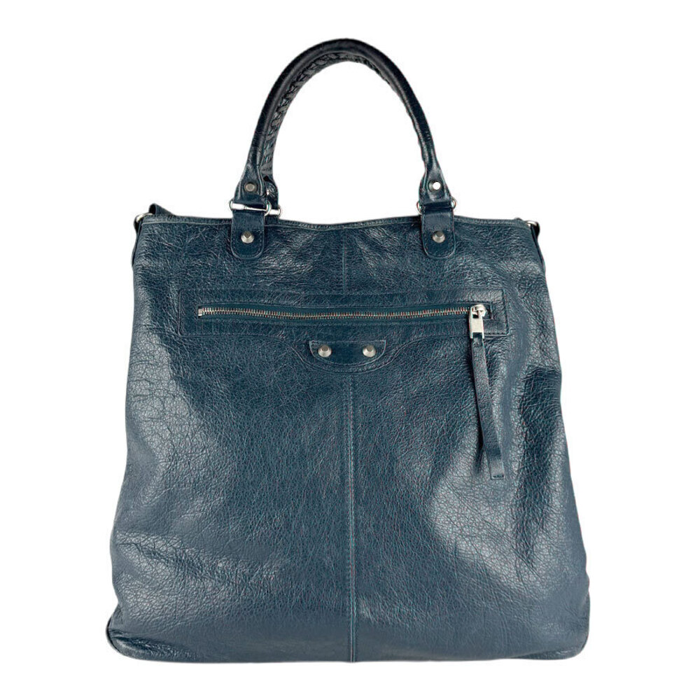 Balenciaga 2way Shoulder Bag Tote Leather Navy Blue Silver